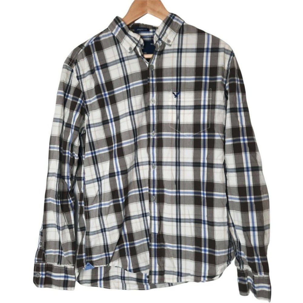 American Eagle Athletic Fit Brown Plaid Long Sleeve Button Up Shirt Mens Medium